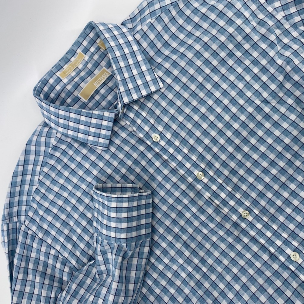 Michael Kors Mens Blue Gingham Plaid Dress Shirt 18 34/35 Regular Fit Cotton